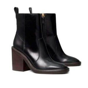 Tory Burch Black Leather Block Heel Ankle Boot, Size 7| Brand New with Box